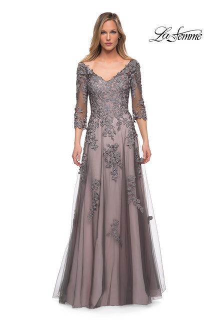 Picture of: A Line Gown with Sheer Three-Quarter Sleeves in Pink Gray, Main Picture