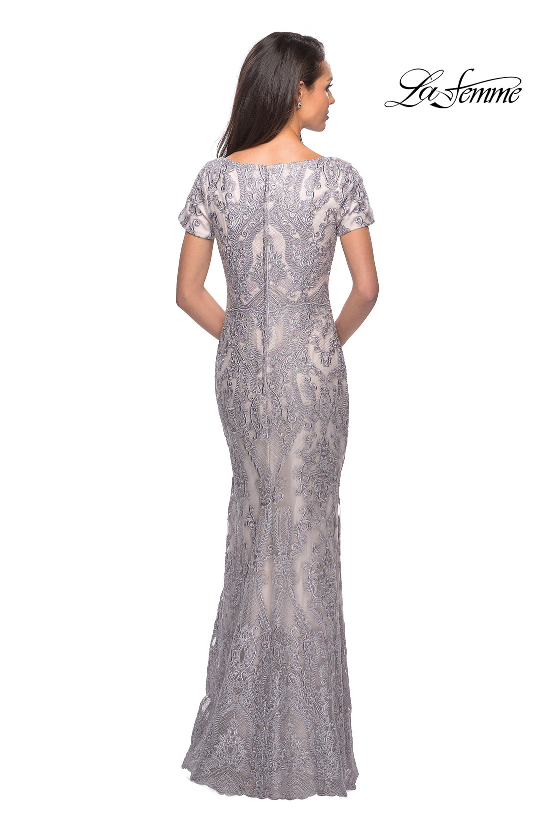 Picture of: Long Lace Dress with Short Sleeves and V-Neck in Pink Gray, Style: 26708, Back Picture