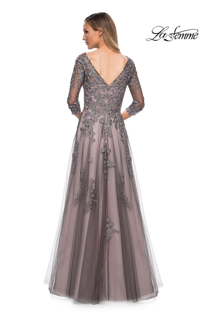 Picture of: A Line Gown with Sheer Three-Quarter Sleeves in Pink Gray, Back Picture