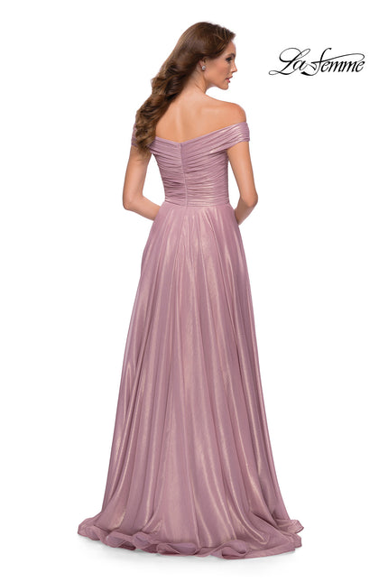 Picture of: Metallic Chiffon Gown with Off the Shoulder Top in Pink Metallic, Style 29172, Back Picture