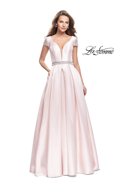 Picture of: Mikado Prom Dress with Pearl Beaded Cap Sleeves in Pink, Style: 26327, Main Picture