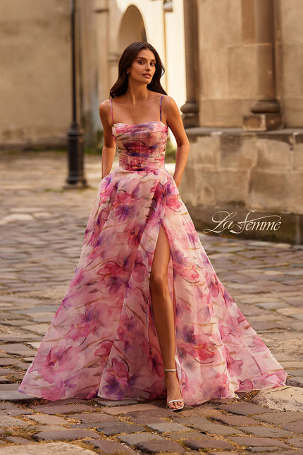Picture of: Beautiful Floral Organza Print Dress with Slit in Pink , Style 32686, Main Picture