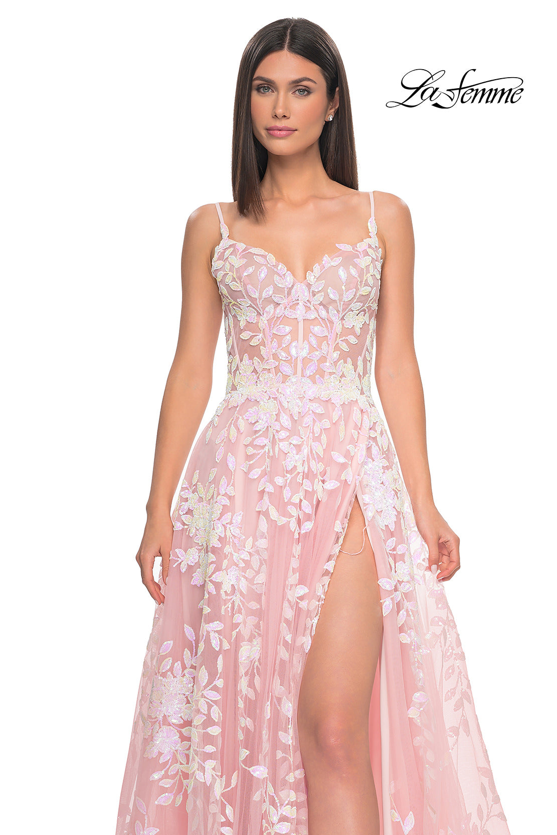 Picture of: Sequin Lace Print Tulle A-Line Prom Dress with Illusion Bodice in Pink, Style: 32223, Detail Picture 12