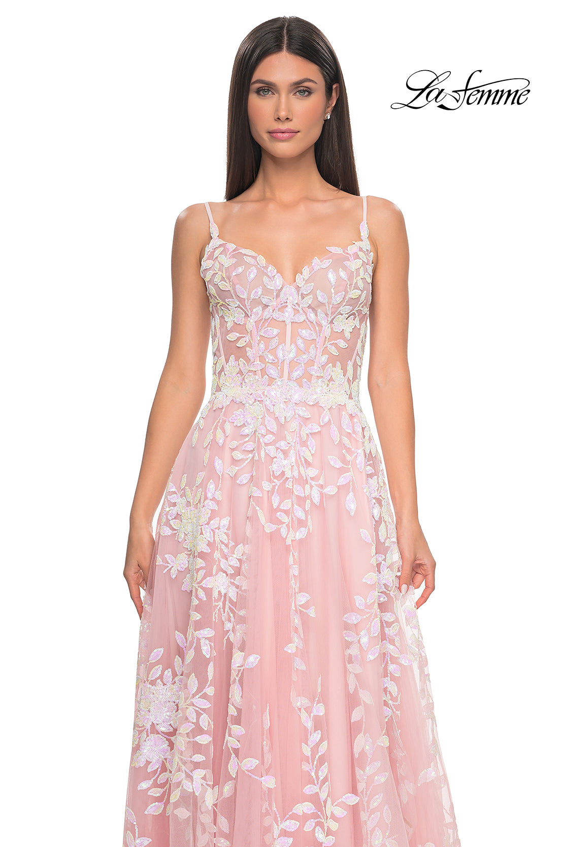 Picture of: Sequin Lace Print Tulle A-Line Prom Dress with Illusion Bodice in Pink, Style: 32223, Detail Picture 13