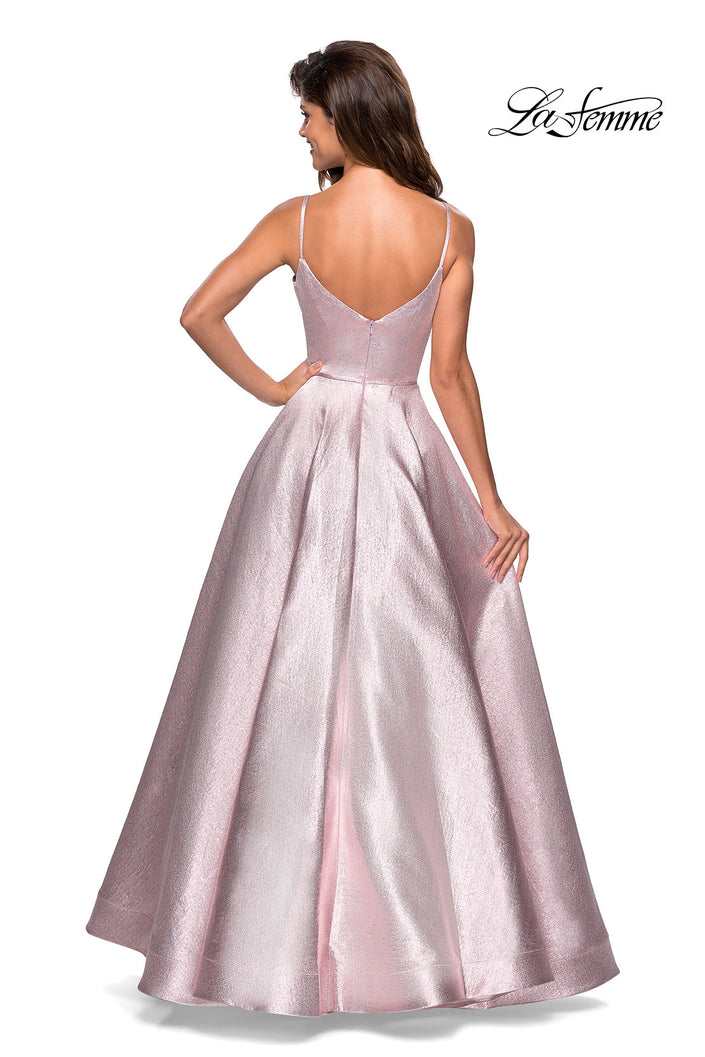 Picture of: Metallic Long Evening Gown with Plunging Neckline in Pink, Style: 27322, Back Picture