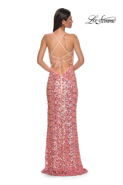 Picture of: Sequin Paillette Pink Prom Dress with Slit in Pink , Style 32550, Back Picture