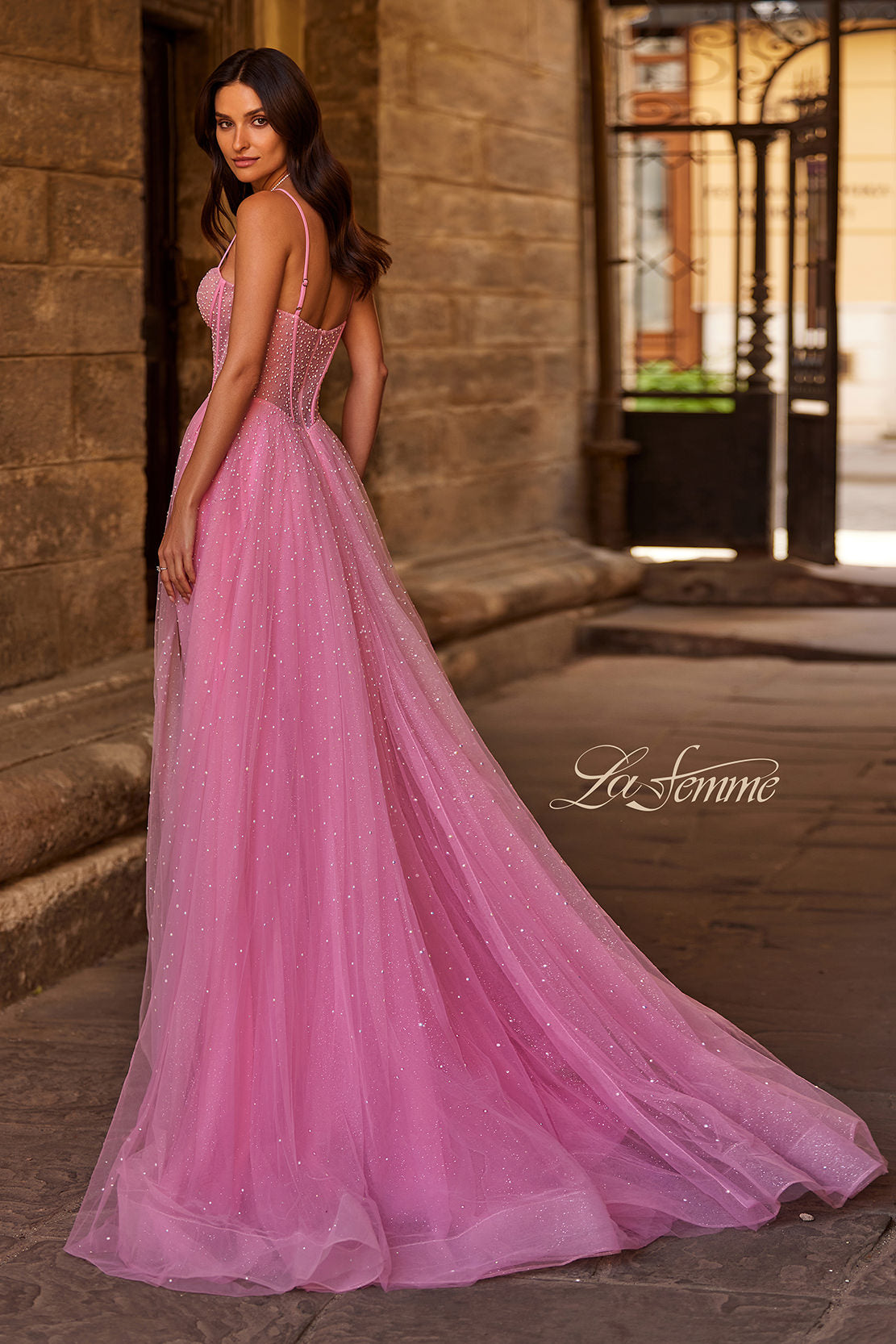 Picture of: Cute A-line Prom Dress with Pearl and Rhinestone Tulle in Pink , Style 32644, Back Picture