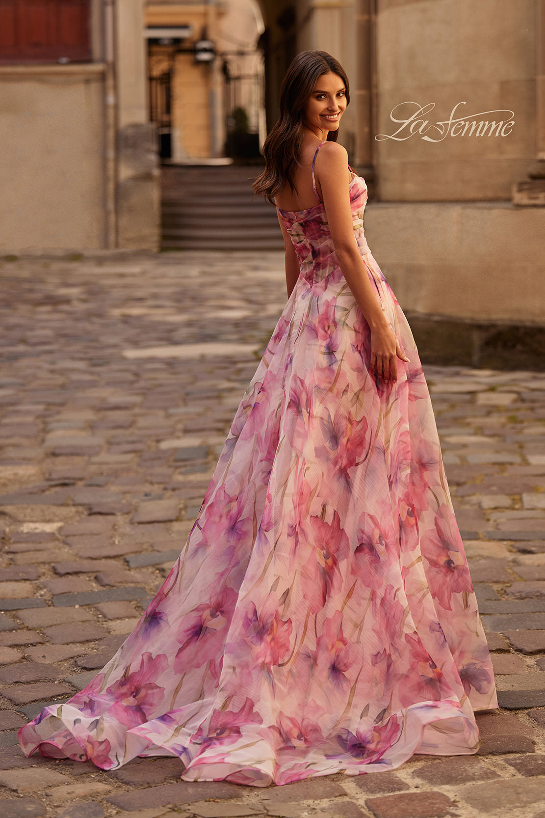 Picture of: Beautiful Floral Organza Print Dress with Slit in Pink , Style 32686, Back Picture