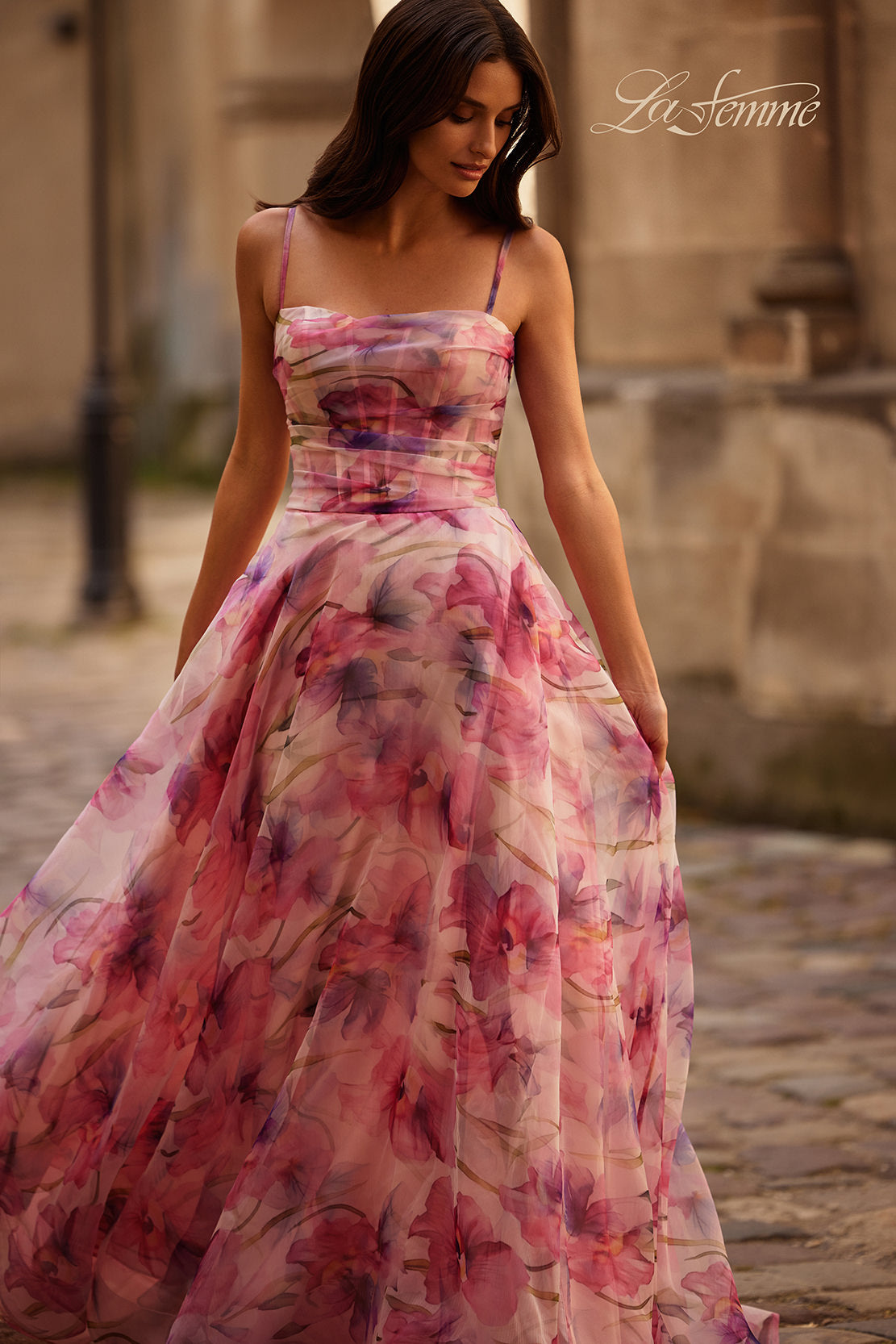 Picture of: Beautiful Floral Organza Print Dress with Slit in Pink , Style 32686, Detail Picture 1