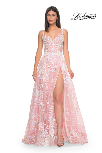 Picture of: Sequin Lace Print Tulle A-Line Prom Dress with Illusion Bodice in Pink, Style: 32223, Detail Picture 2