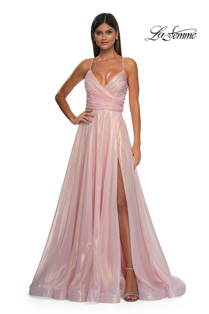 Picture of: Metallic Chiffon Prom Dress with Flowing Skirt and High Slit in Pink , Style: 33043, Detail Picture 3