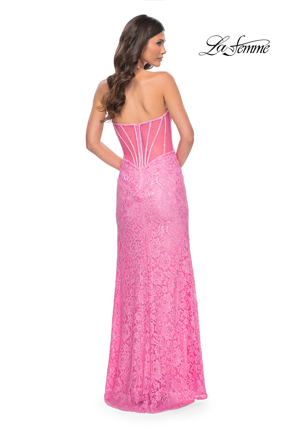 Picture of: Stretch Lace Dress with Bustier Bodice and Illusion Back in Pink, Style: 32298, Detail Picture 4