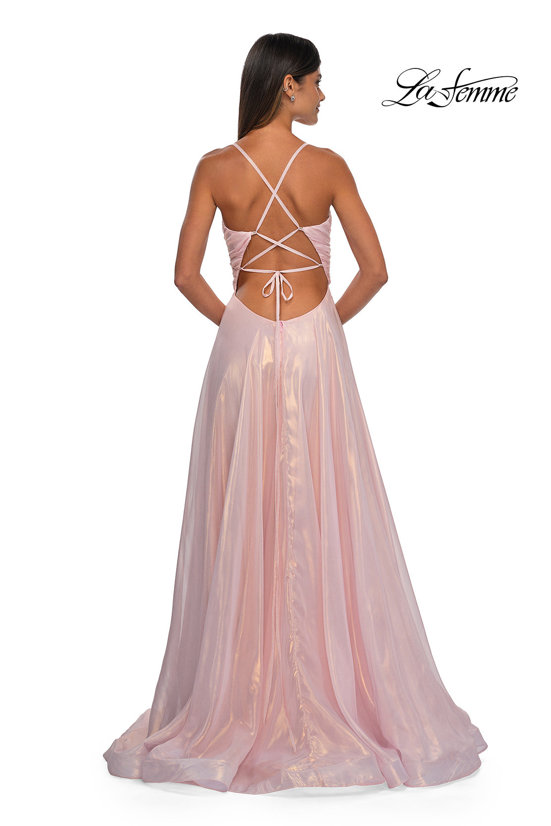 Picture of: Metallic Chiffon Prom Dress with Flowing Skirt and High Slit in Pink , Style: 33043, Detail Picture 4
