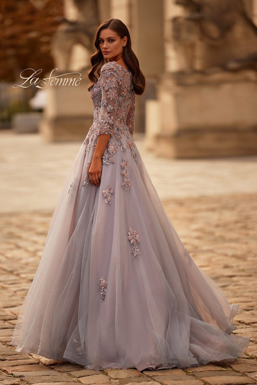 Picture of: Two Tone Tulle A-line Dress with Beaded Lace Applique in Pink Silver, Style: 32605, Back Picture