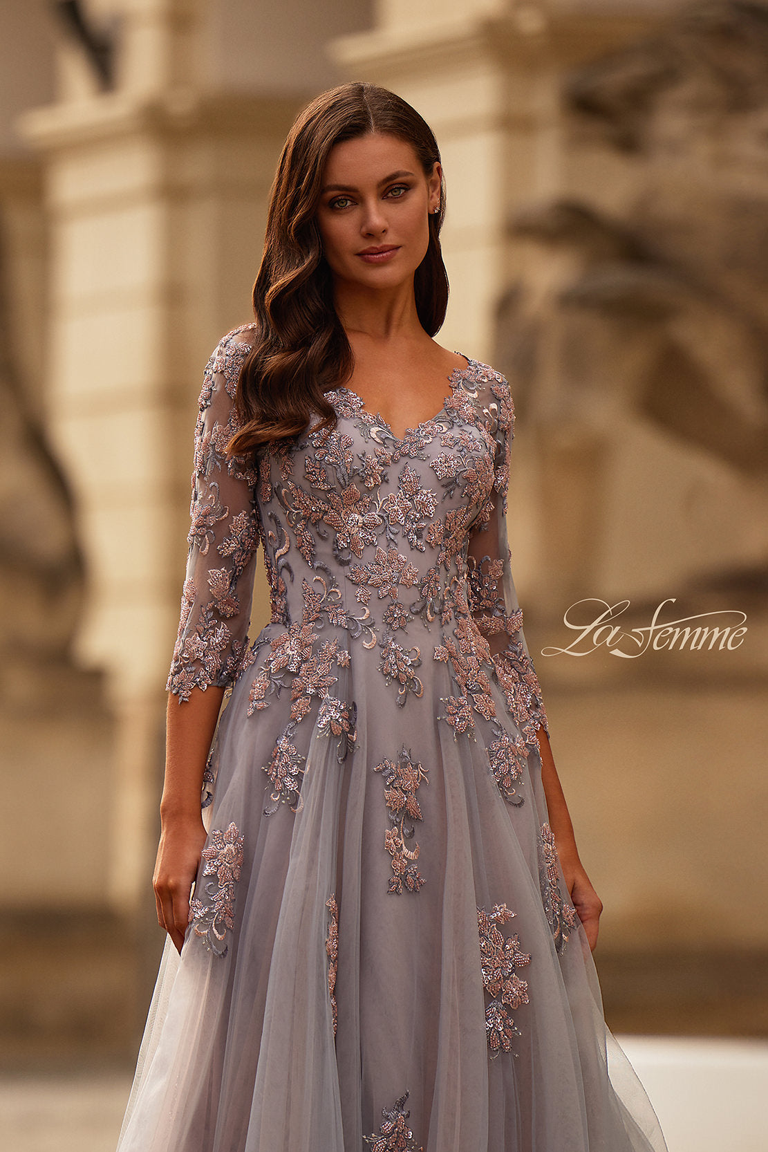 Picture of: Two Tone Tulle A-line Dress with Beaded Lace Applique in Pink Silver, Style: 32605, Detail Picture 1