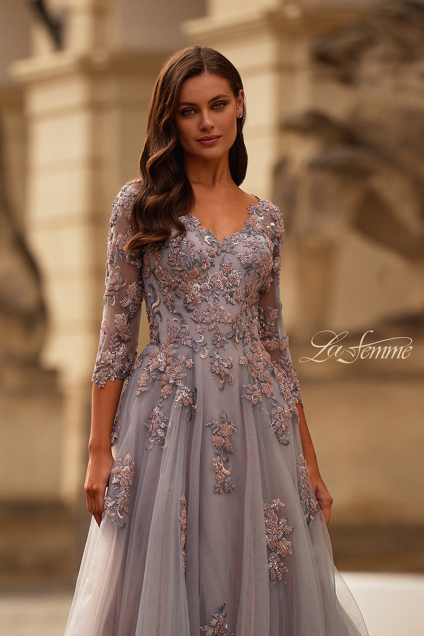 Picture of: Two Tone Tulle A-line Dress with Beaded Lace Applique in Pink Silver, Style: 32605, Detail Picture 1