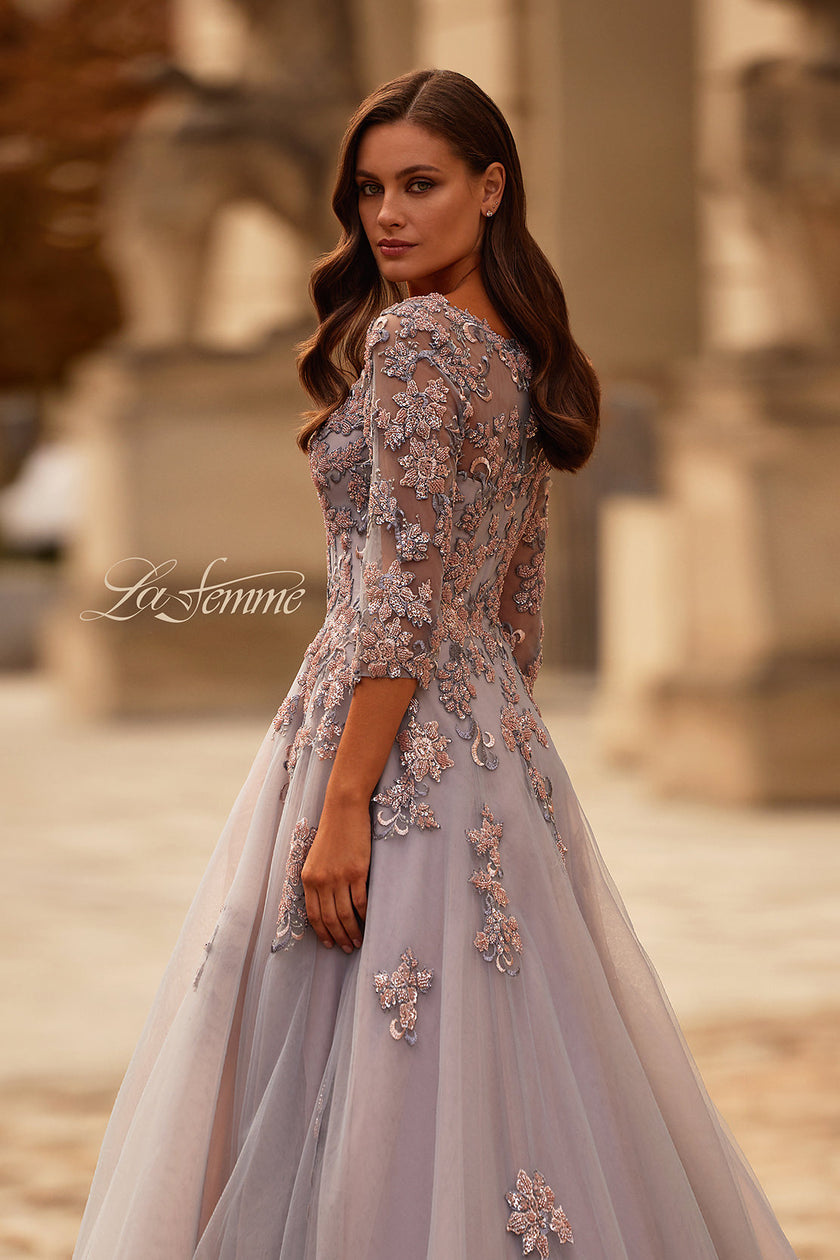 Picture of: Two Tone Tulle A-line Dress with Beaded Lace Applique in Pink Silver, Style: 32605, Detail Picture 2