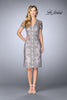 Picture of: Short Lace Dress with Illusion Back and Neckline in Pink/Gray, Style: 24931, Main Picture
