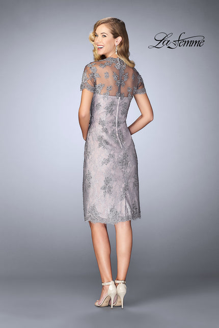 Picture of: Short Lace Dress with Illusion Back and Neckline in Pink/Gray, Style: 24931, Back Picture