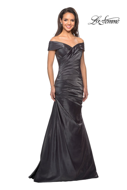 Picture of: Floor Length Off the Shoulder Gown with Ruching in Platinum, Style: 25656, Main Picture