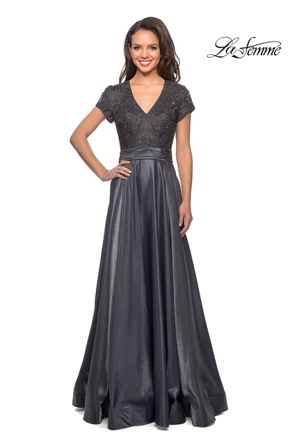 Picture of: Short Sleeve Satin Gown with Embellished Bodice in Platinum, Style: 26447, Main Picture