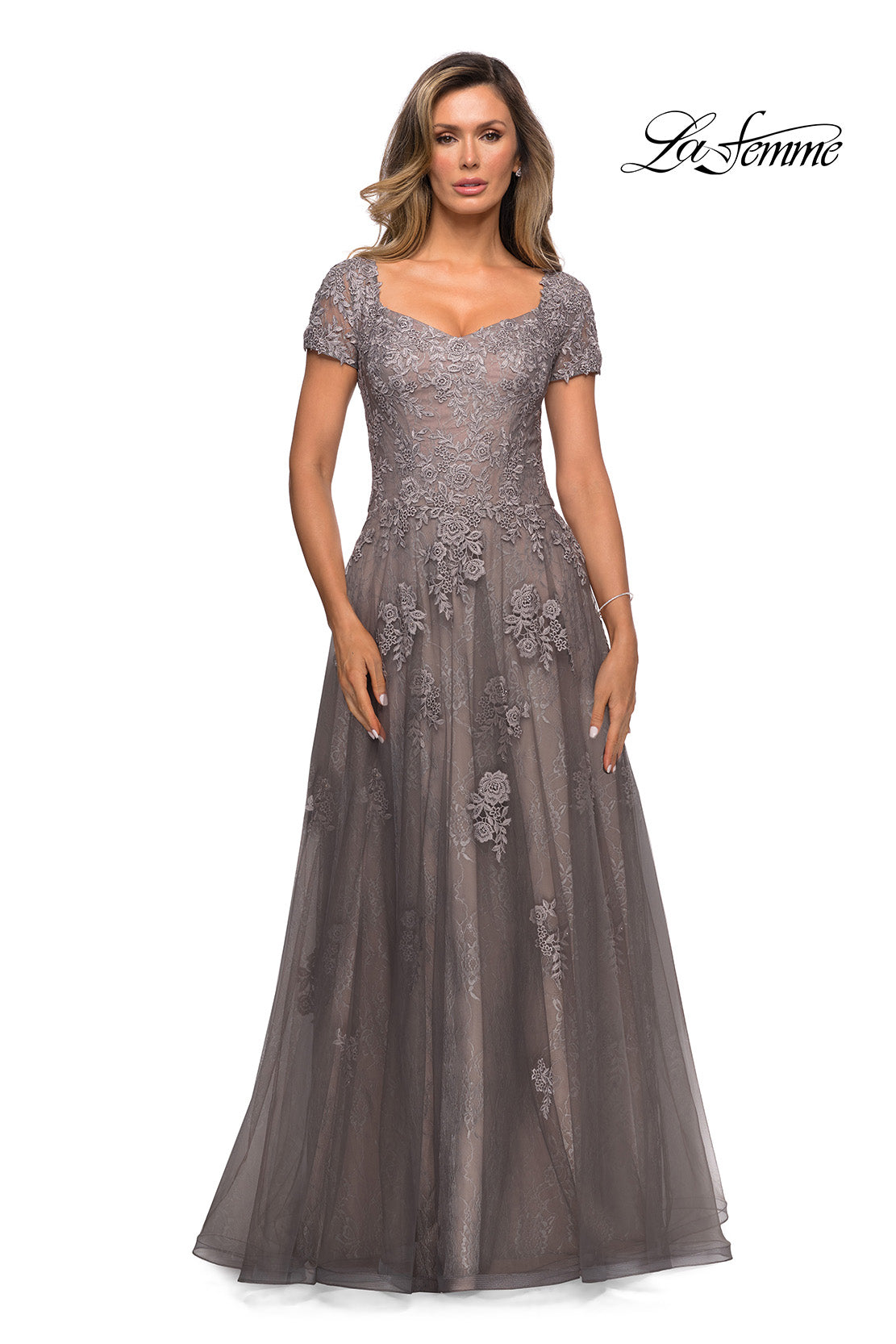 Picture of: A-line Dress with Lace Detail and Sheer Cap Sleeves in Platinum, Style: 28091, Main Picture