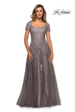 Picture of: A-line Dress with Lace Detail and Sheer Cap Sleeves in Platinum, Style: 28091, Main Picture
