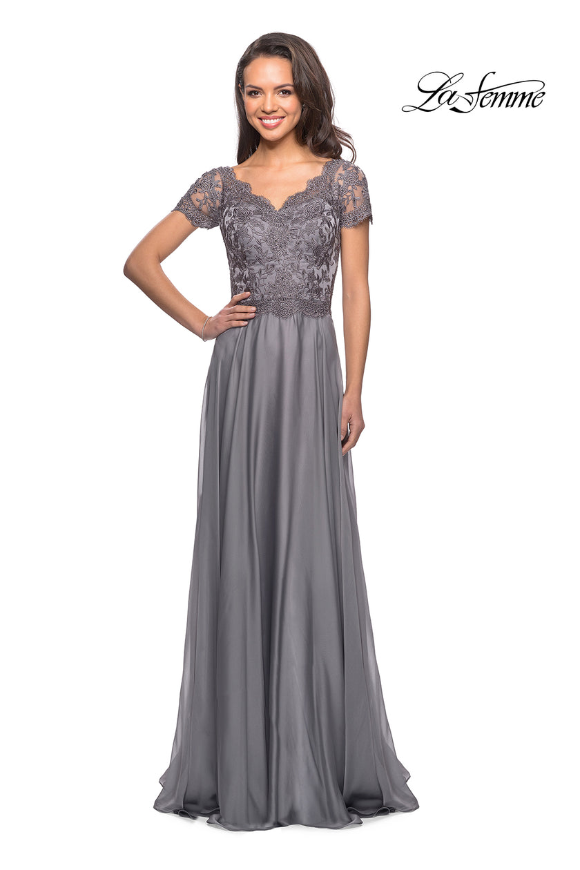 Picture of: Long Chiffon Dress with Lace Bodice and Pockets in Platinum, Style: 27098, Detail Picture 8