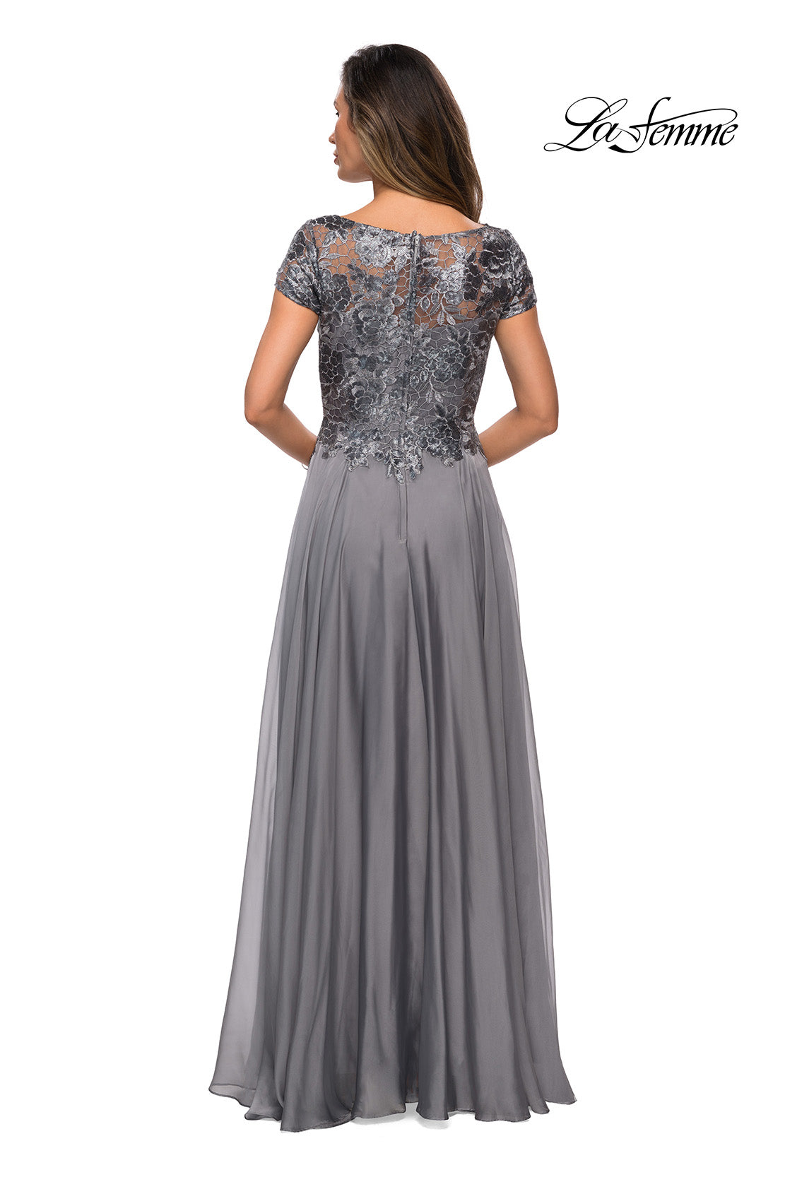 Picture of: Short Sleeve Metallic Lace Evening Dress with Chiffon Skirt, Style: 27924, Detail Picture 8
