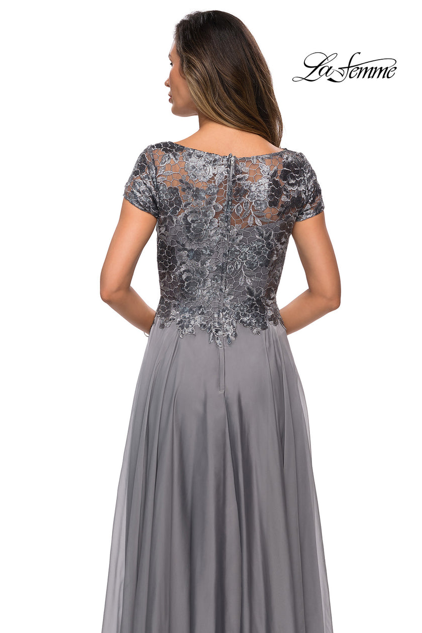 Picture of: Short Sleeve Metallic Lace Evening Dress with Chiffon Skirt, Style: 27924, Detail Picture 10