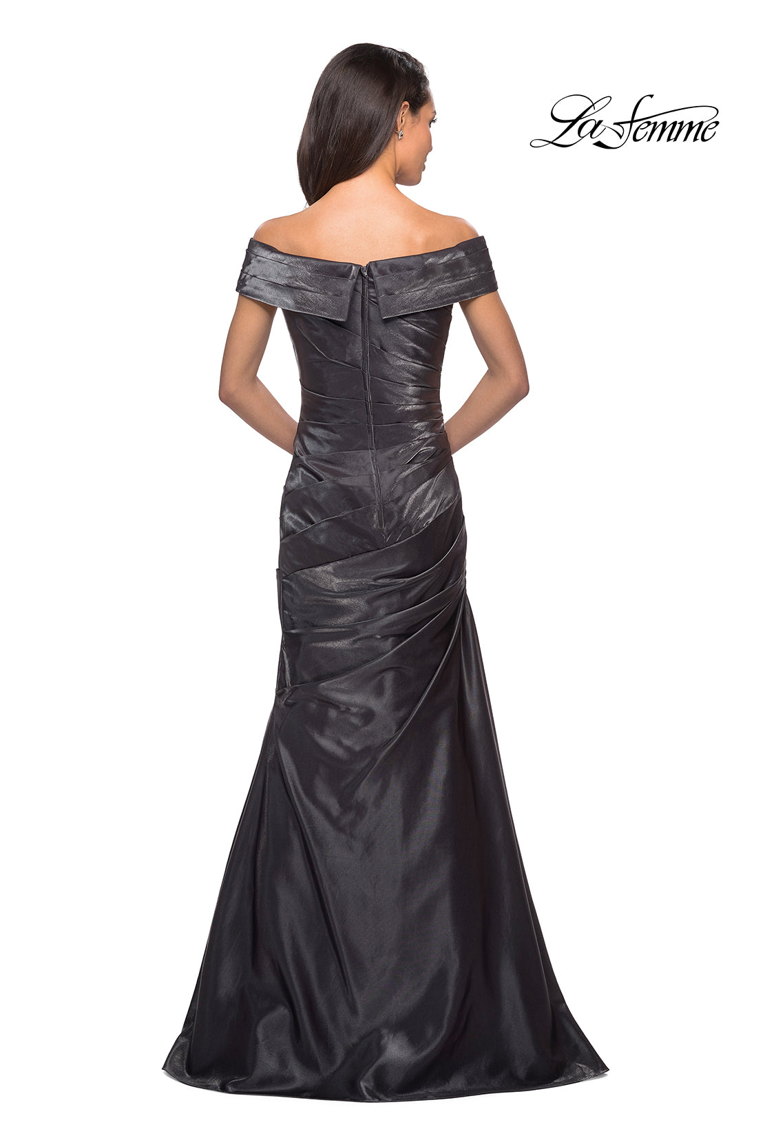 Picture of: Floor Length Off the Shoulder Gown with Ruching in Platinum, Style: 25656, Back Picture