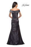 Picture of: Floor Length Off the Shoulder Gown with Ruching in Platinum, Style: 25656, Back Picture