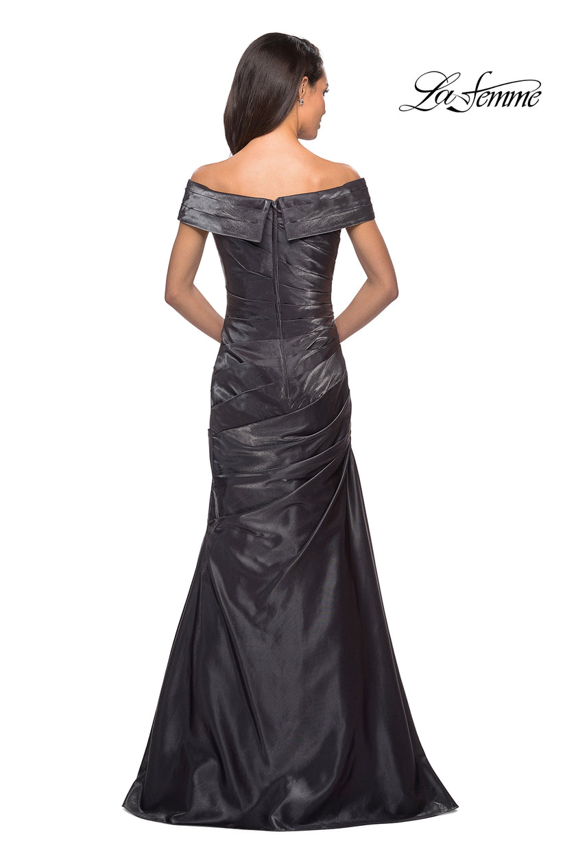 Picture of: Floor Length Off the Shoulder Gown with Ruching in Platinum, Style: 25656, Back Picture