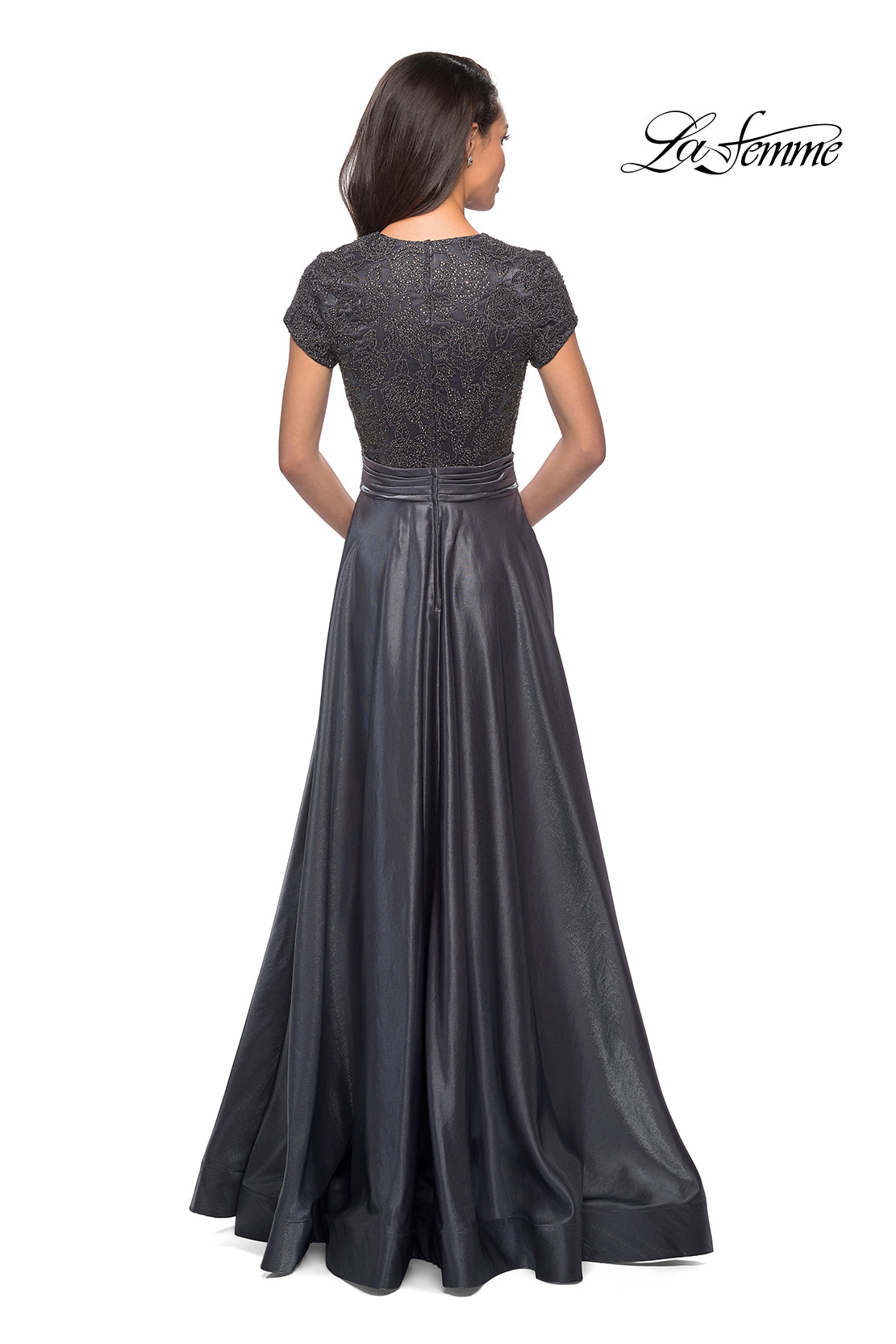 Picture of: Short Sleeve Satin Gown with Embellished Bodice in Platinum, Style: 26447, Back Picture