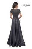 Picture of: Short Sleeve Satin Gown with Embellished Bodice in Platinum, Style: 26447, Back Picture