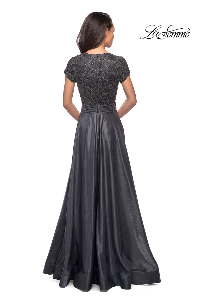 Picture of: Short Sleeve Satin Gown with Embellished Bodice in Platinum, Style: 26447, Back Picture