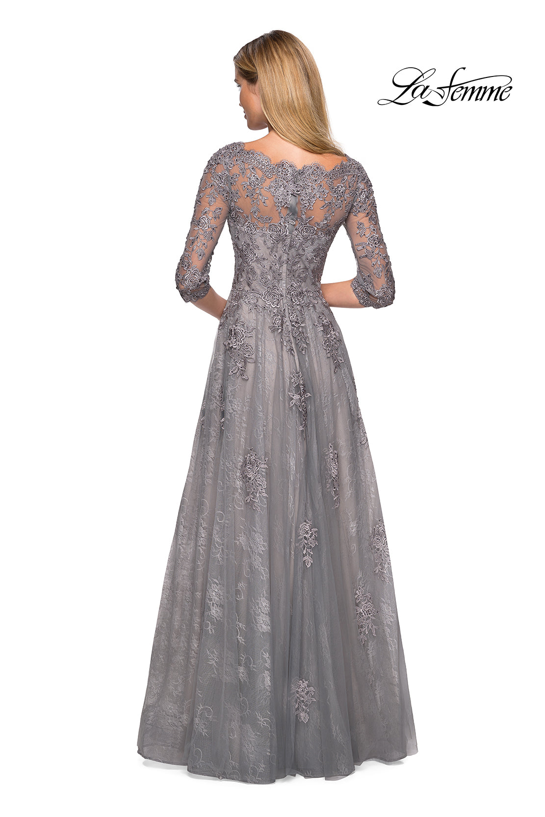 Picture of: Long Lace Gown with Sheer Sleeves and Pockets in Platinum, Style: 26959, Back Picture