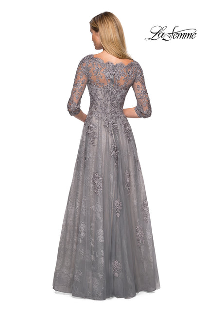 Picture of: Long Lace Gown with Sheer Sleeves and Pockets in Platinum, Style: 26959, Back Picture