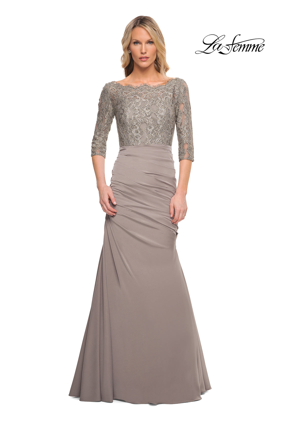 Picture of: Gathered Mermaid Satin Gown with Lace Top in Platinum, Style: 24926, Detail Picture 1