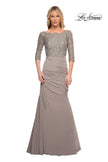 Picture of: Gathered Mermaid Satin Gown with Lace Top in Platinum, Style: 24926, Detail Picture 1