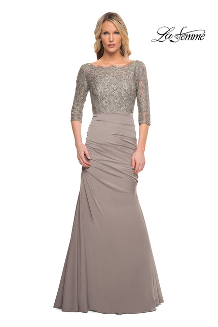 Picture of: Gathered Mermaid Satin Gown with Lace Top in Platinum, Style: 24926, Detail Picture 1