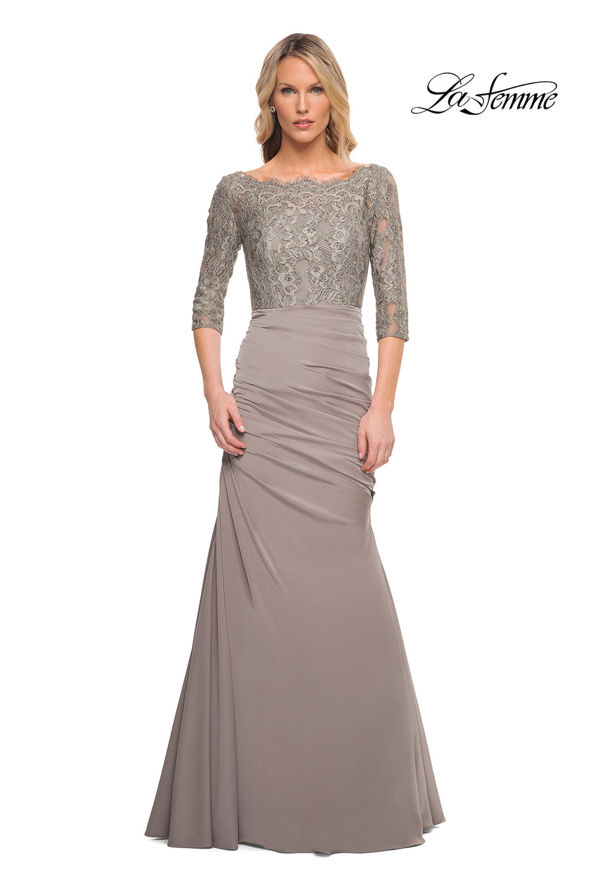 Picture of: Gathered Mermaid Satin Gown with Lace Top in Platinum, Style: 24926, Detail Picture 1