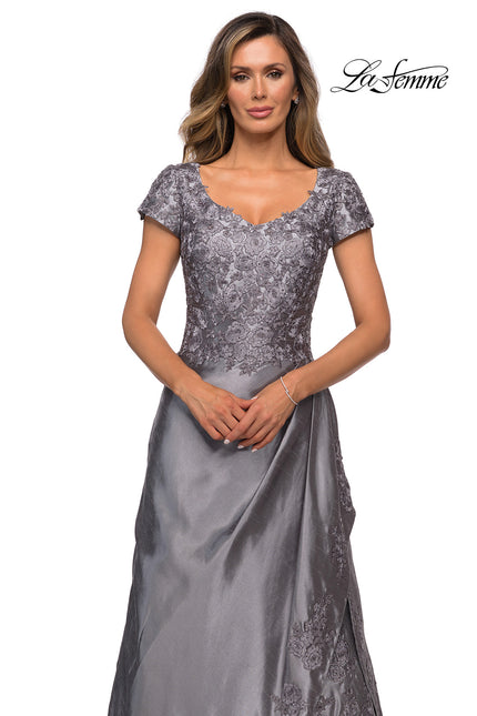 Picture of: V-neck Jersey Floor Length Gown with Short Sleeves in Platinum, Style: 27033, Detail Picture 1