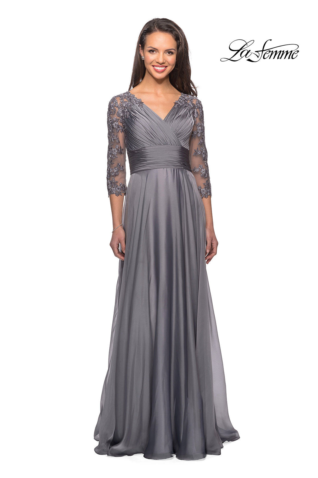 Picture of: Floor Length Chiffon Dress with Lace Sleeves in Platinum, Style: 27153, Detail Picture 1