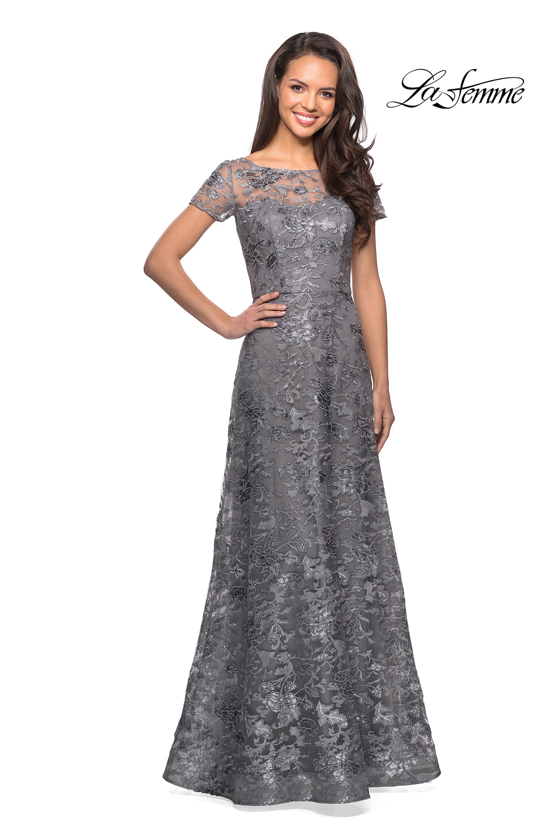 Picture of: Short Sleeve Long Sequin Dress with Sheer Neckline in Platinum, Style: 27839, Detail Picture 1