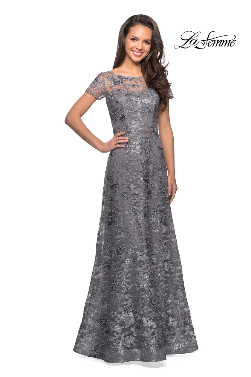 Picture of: Short Sleeve Long Sequin Dress with Sheer Neckline in Platinum, Style: 27839, Detail Picture 1