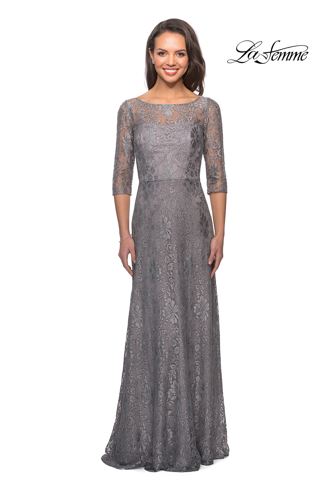 Picture of: Long Lace Dress with Empire Waist and 3/4 Sleeves in Platinum, Style: 27857, Detail Picture 1