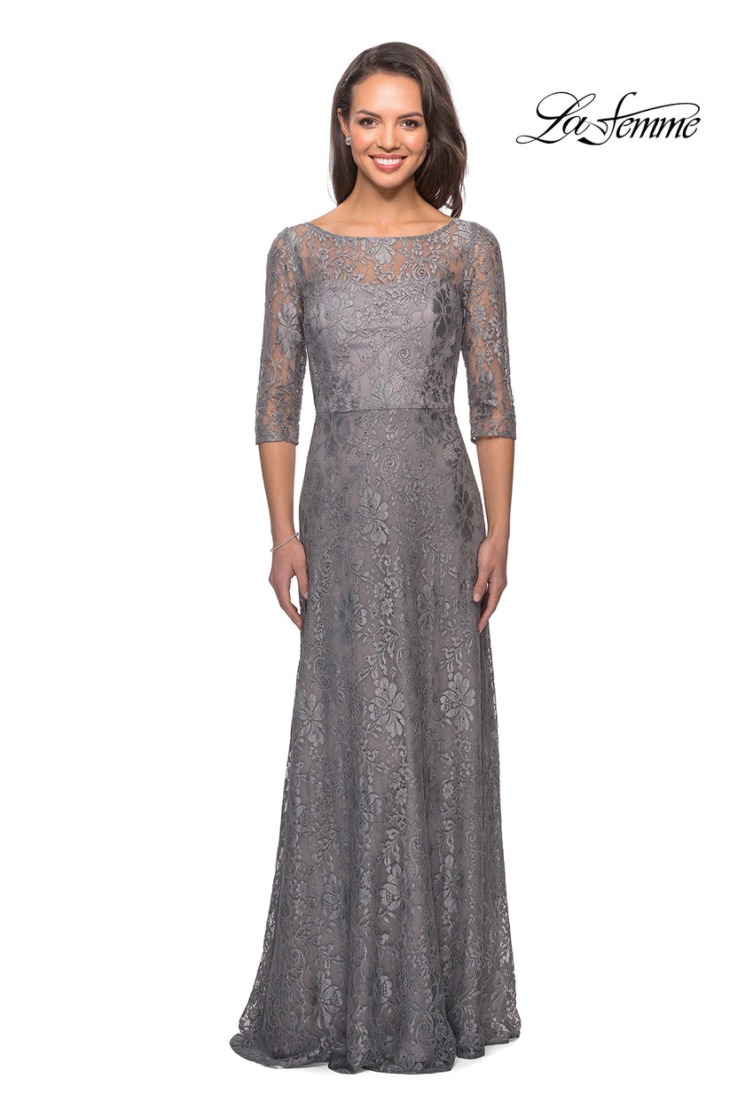 Picture of: Long Lace Dress with Empire Waist and 3/4 Sleeves in Platinum, Style: 27857, Detail Picture 1