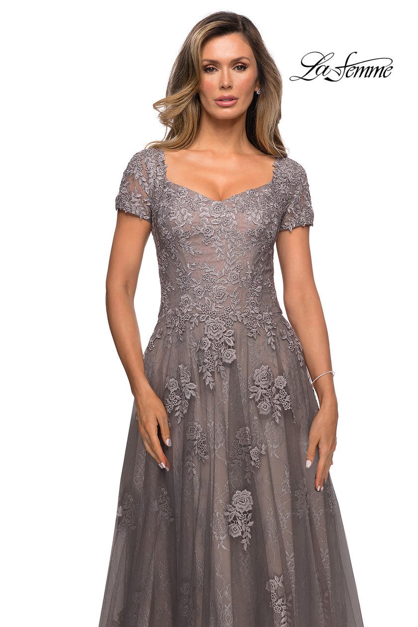Picture of: A-line Dress with Lace Detail and Sheer Cap Sleeves in Platinum, Style: 28091, Detail Picture 1