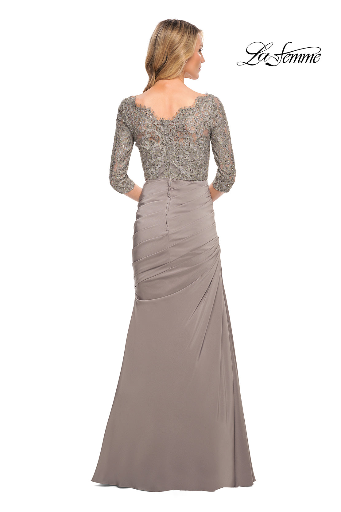 Picture of: Gathered Mermaid Satin Gown with Lace Top in Platinum, Style: 24926, Detail Picture 2